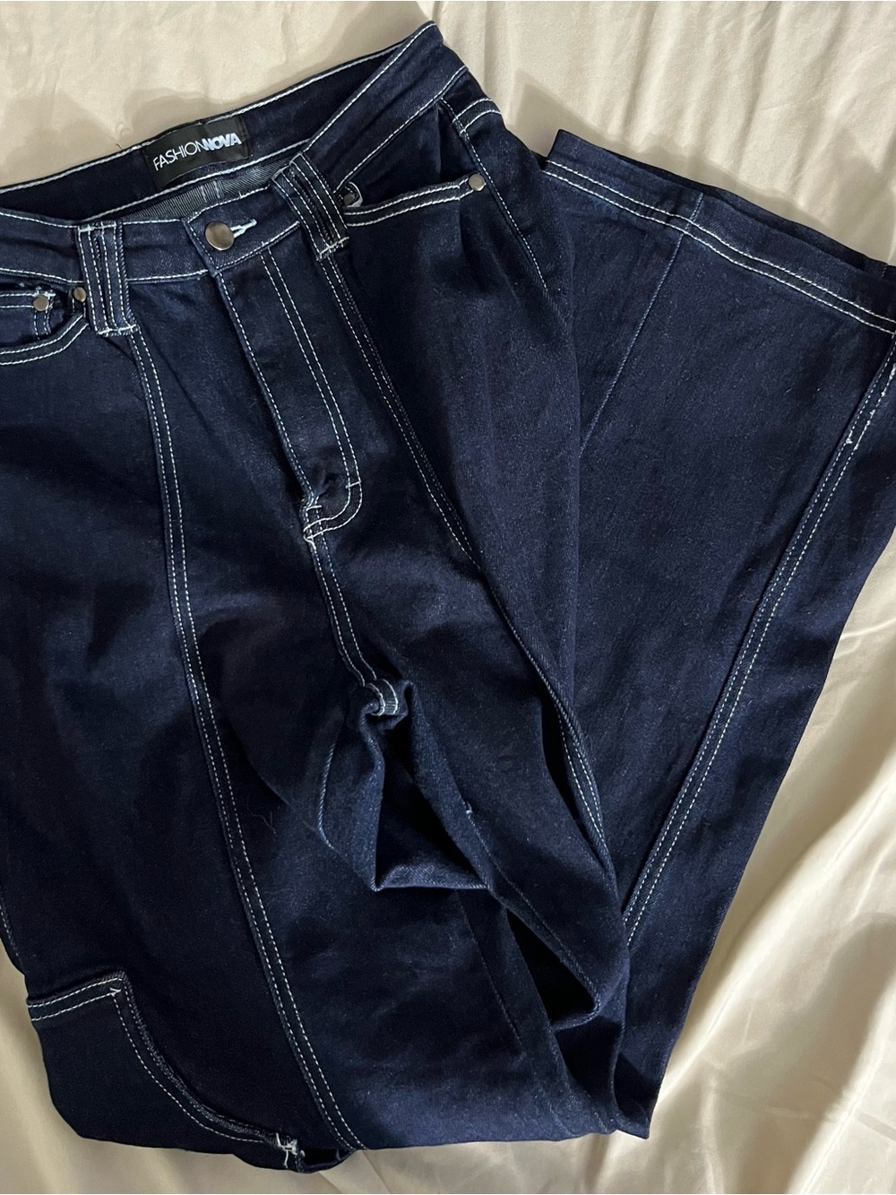 Fashion Nova Dark Blue Wide Leg Flare Jeans